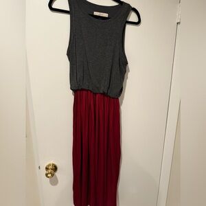 Loft Gray and Red Sleeveless Flowy Dress